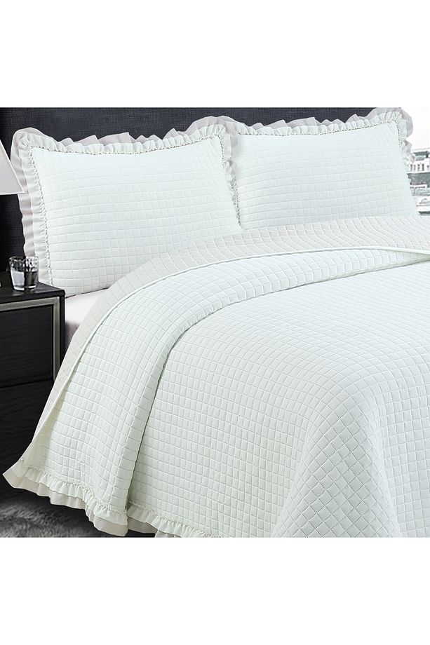 Square Washed Fırfırlı Çift Kişilik Krem Yatak Örtüsü Takımı - 2