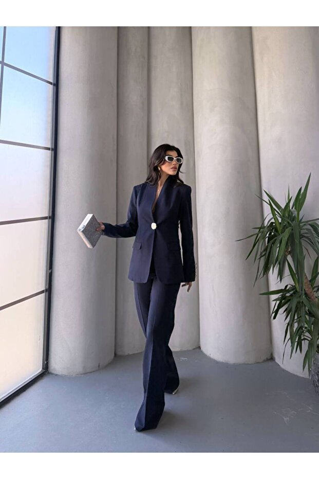 Women's Single Big Button Blazer Jacket Pantalon Set