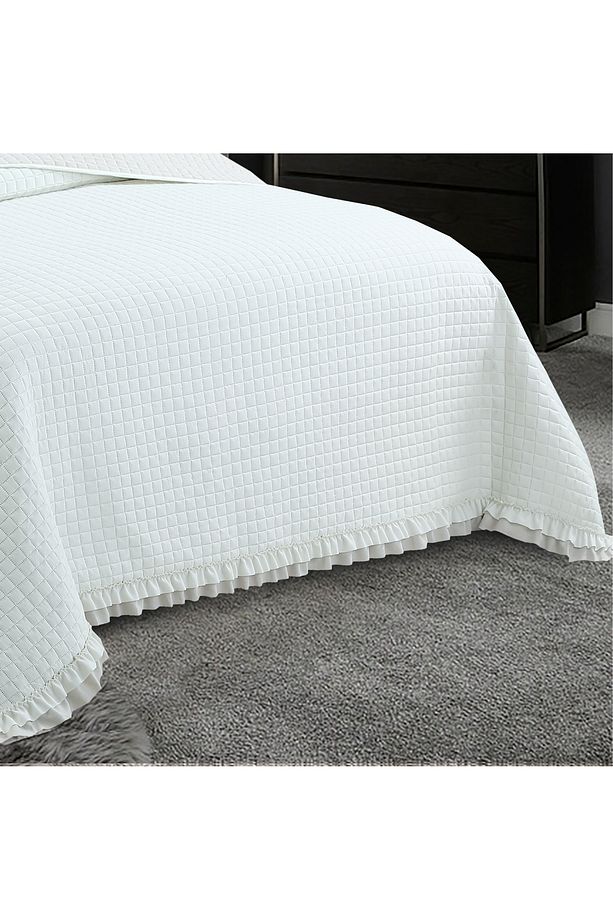 Square Washed Fırfırlı Çift Kişilik Krem Yatak Örtüsü Takımı - 4