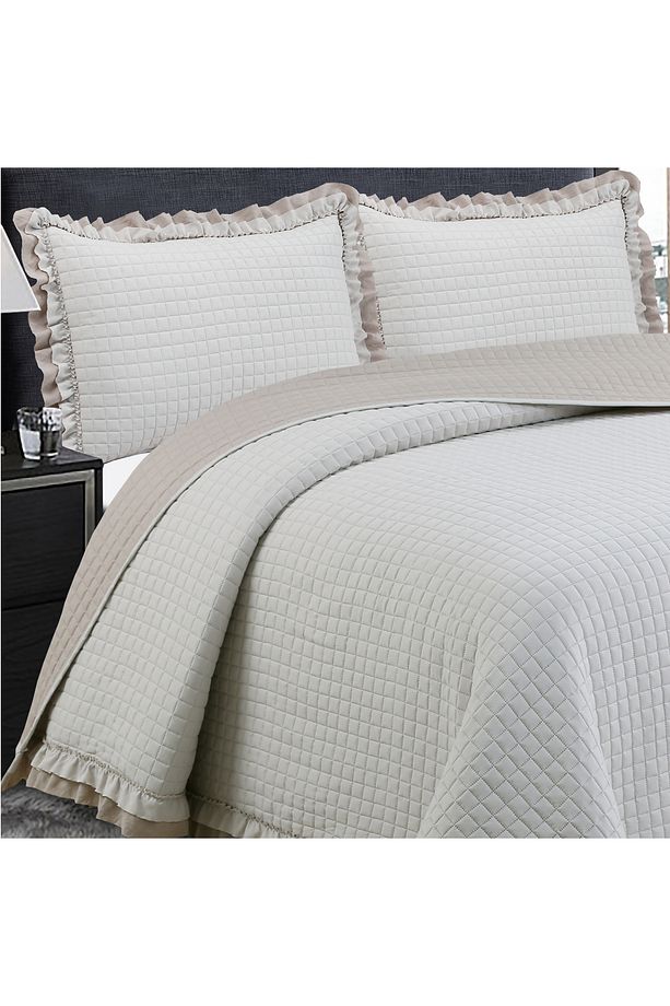 Square Washed Fırfırlı Çift Kişilik Bej Yatak Örtüsü Takımı - 2