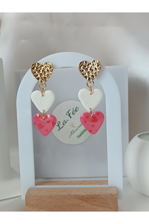 Pink White Heart Women Earrings Polymer Clay Earrings