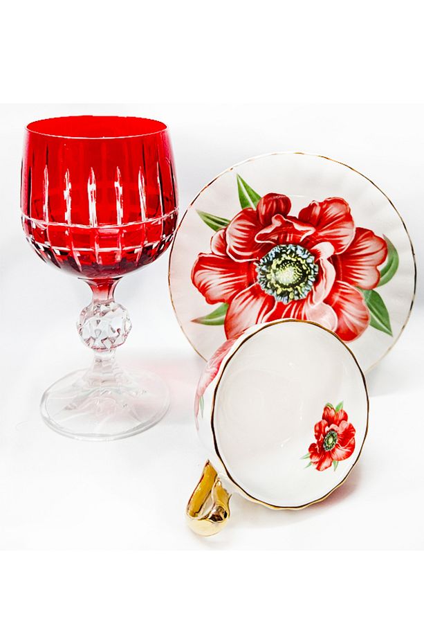 TEK KİŞİLİK RED FLOWER KAHVE FİNCAN VE KAHVE SU BARDAĞI - 2