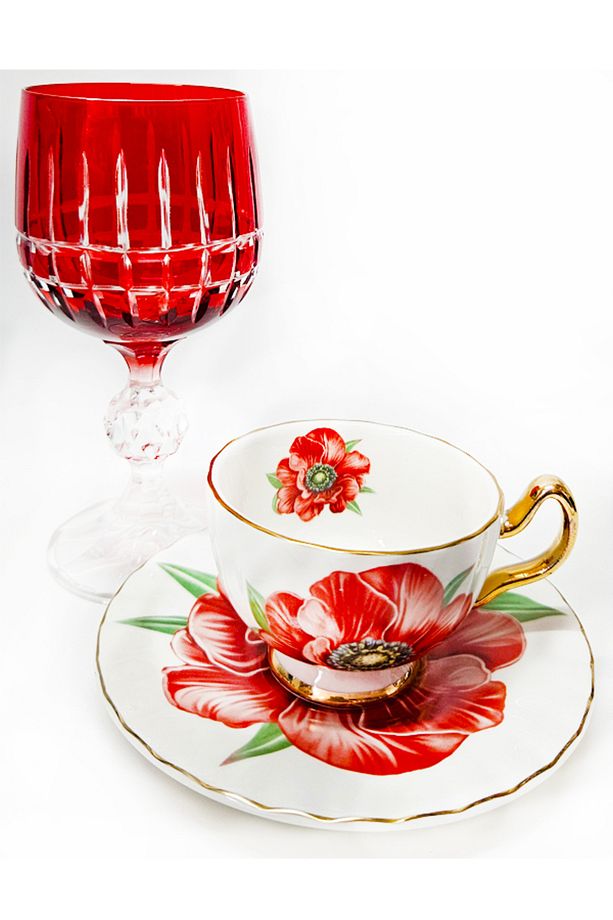 TEK KİŞİLİK RED FLOWER KAHVE FİNCAN VE KAHVE SU BARDAĞI - 3