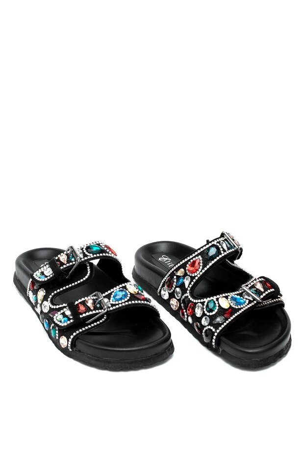 Elit Myra Women's Genuine Nubuck Leather Orthopedic Stone Flat Slippers Black