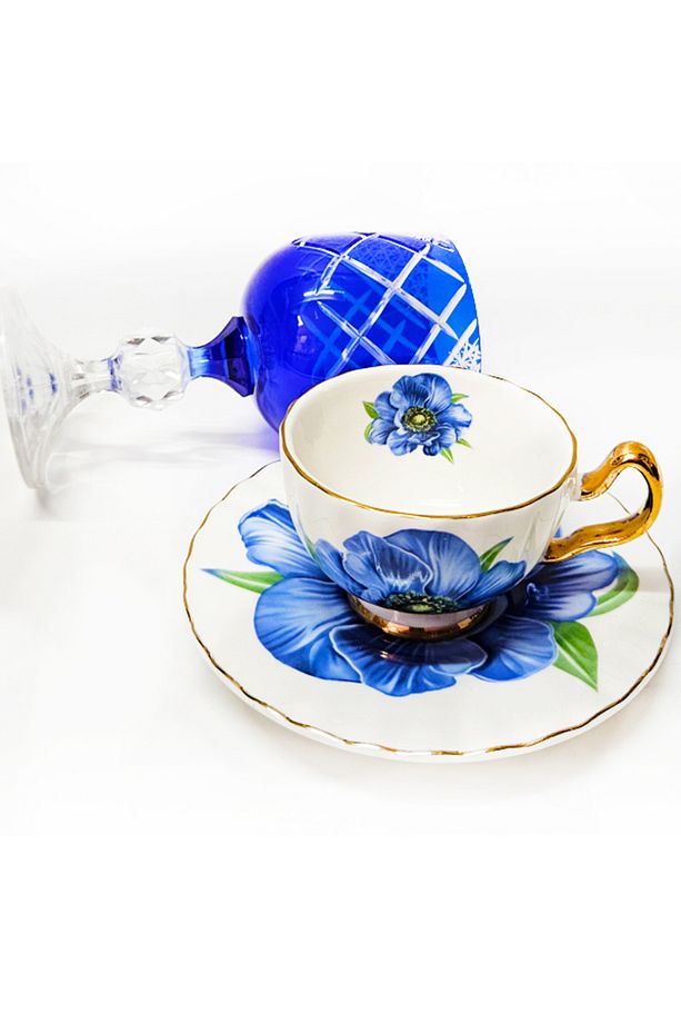 TEK KİŞİLİK BLUE FLOWER KAHVE FİNCAN VE KAHVE SU BARDAĞI - 4