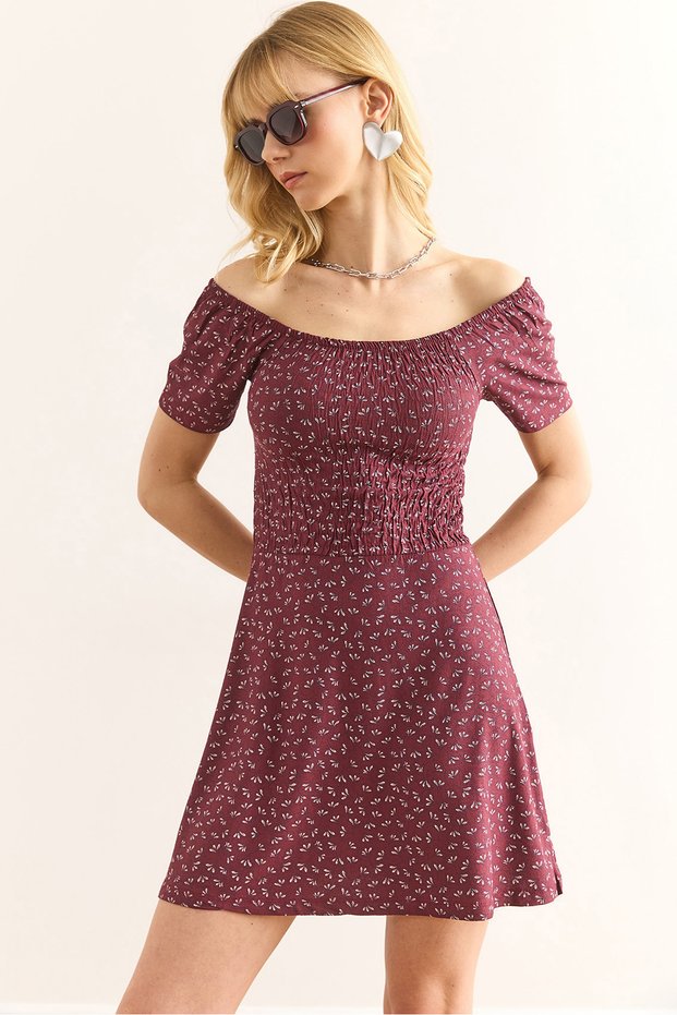 Women's Burgundy Madonna Collar Mini Viscose Dress Elb-19002402