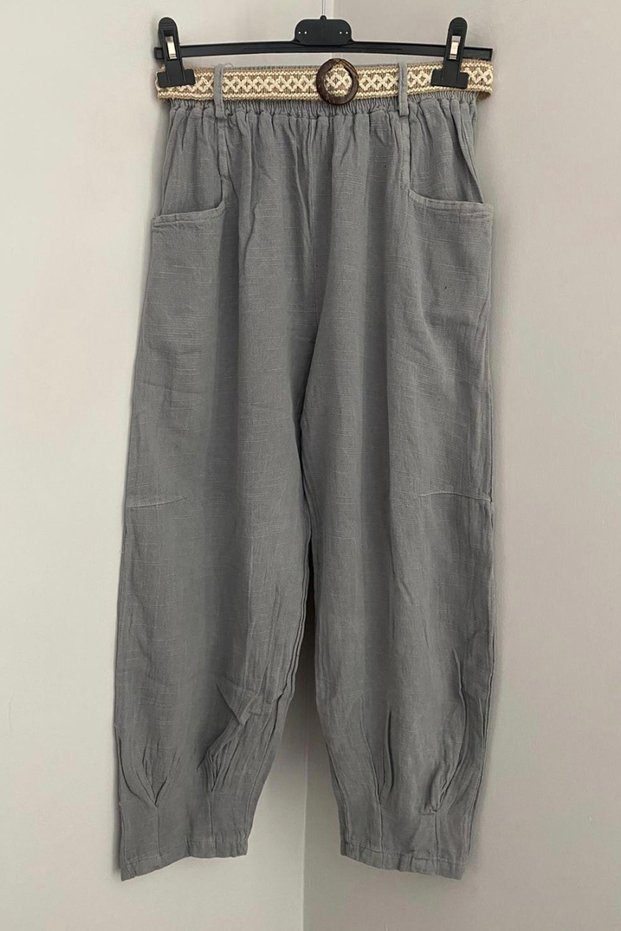 Women's Gray Elastic Waist Belt Detailed Cotton Linen Trousers with Cuffed Legs and Pockets