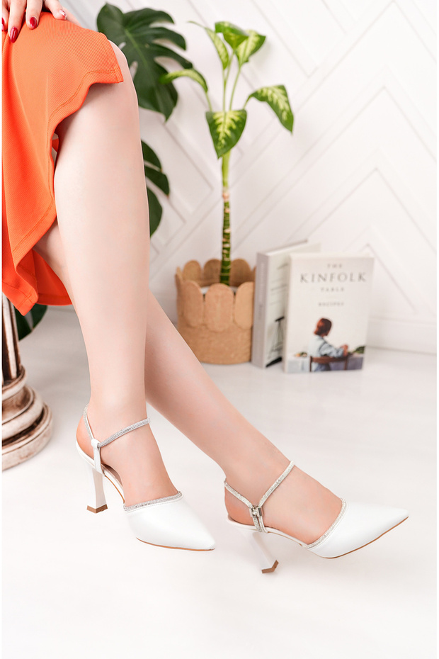White Thin Heels Stone Pointed Toe Evening Dress Shoes