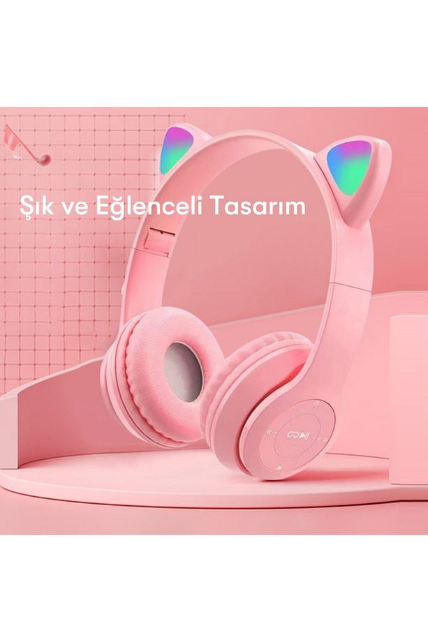Bluetooth Kedi Kulaklık Kablosuz Led Işıklı Kız Erkek Çocuklar İçin Kulaklık İphone15 Pro Max Uyumlu - 5