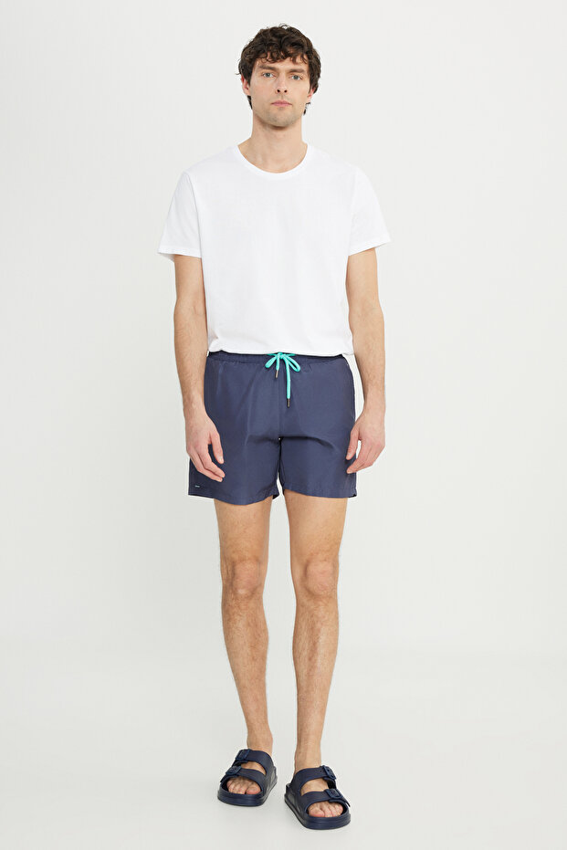 Erkek Lacivert Hızlı Kuruyan Yan Cepli Desenli Standart Fit Normal Kesim Deniz Şortu Mayo - 4