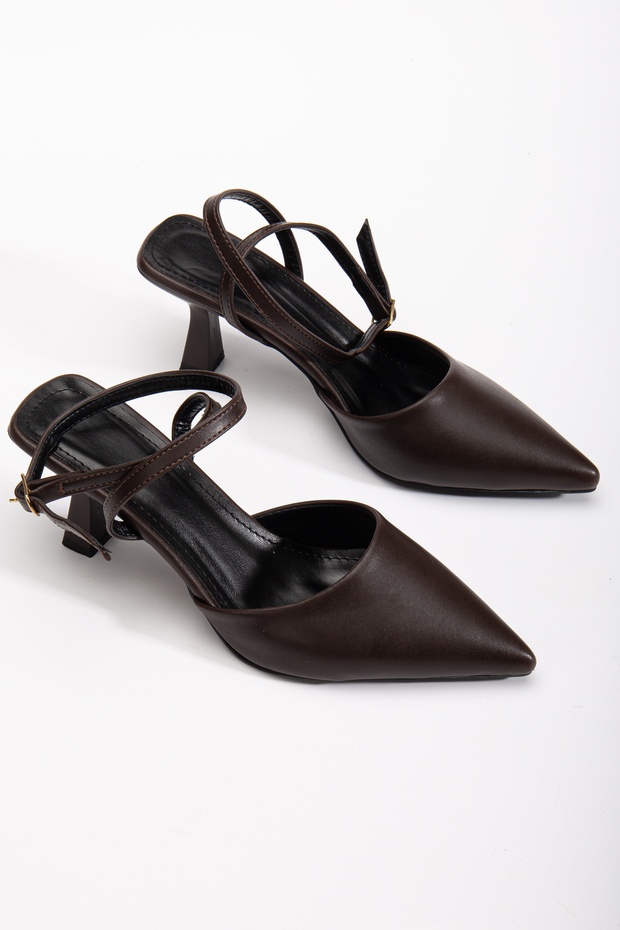 Short Heeled Banded Skin Bitter Brown Women's Shoes