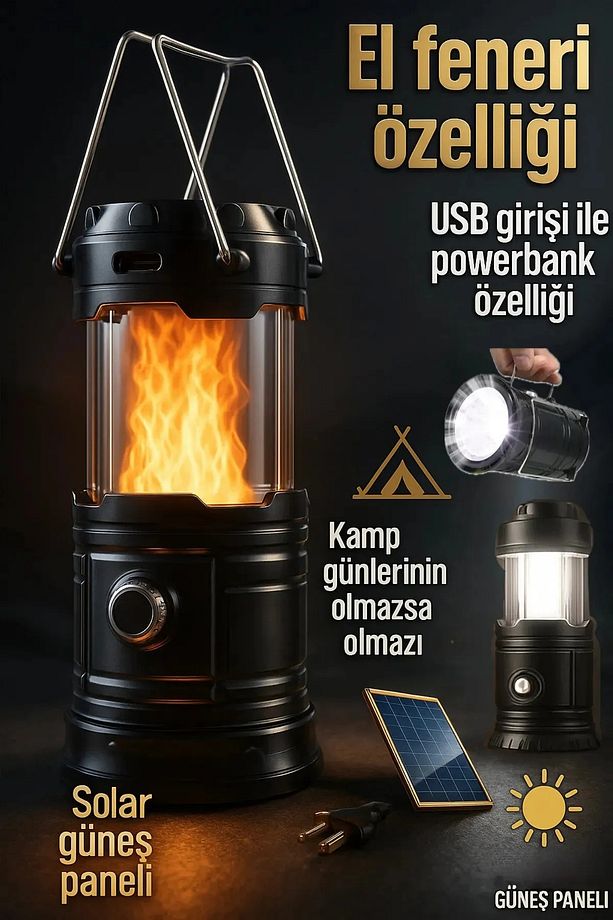 Şarj Edilebilir Güneş Enerjili Taşınabilir Fener Alev Ateş Modlu Kamp Feneri Led El Feneri - 1