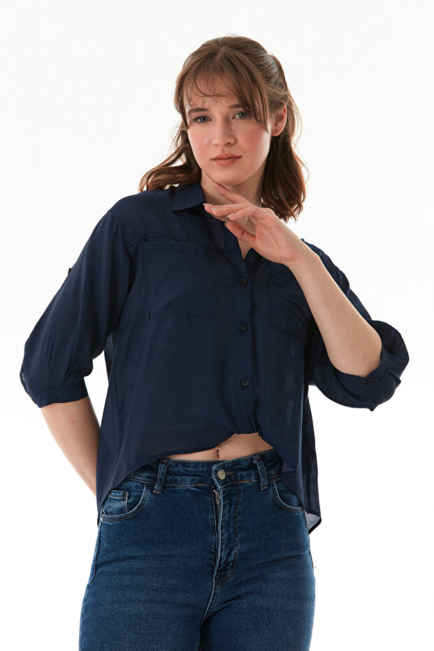Basic Body Detaylı Çift Cepli Crop Gömlek - 5
