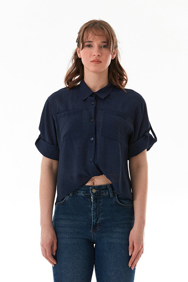Basic Body Detaylı Çift Cepli Crop Gömlek - 8
