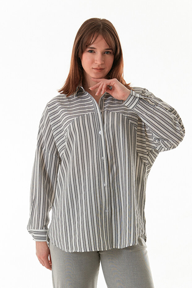 Çizgili Oversize Gömlek - 4