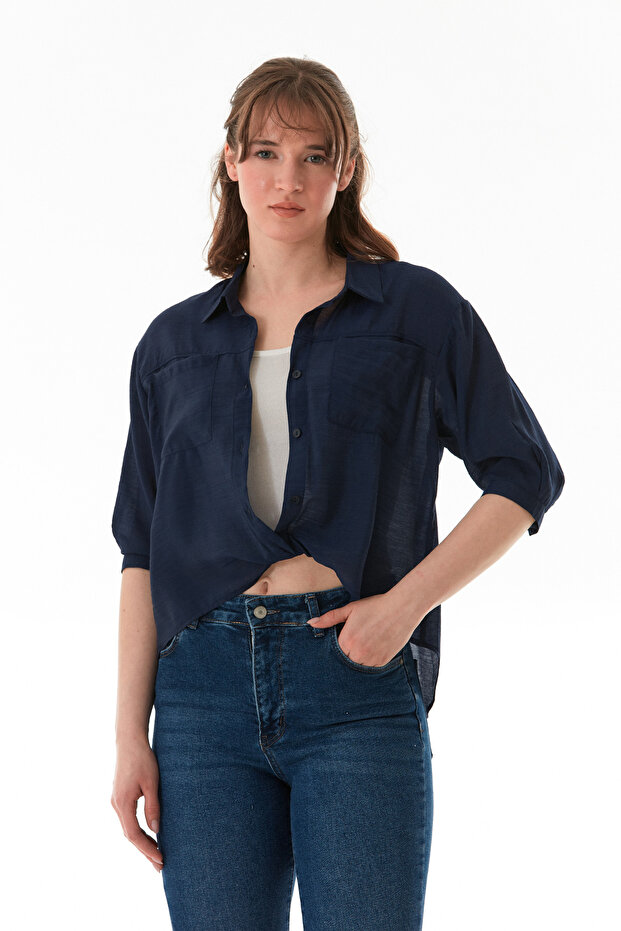 Basic Body Detaylı Çift Cepli Crop Gömlek - 1