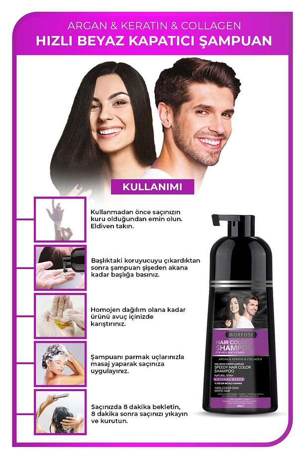 Hızlı Beyaz ve Gri Kapatıcı Şampuan 420 ml 2 Adet - Doğal Siyah, Argan, Keratin Ve Kolajen İçeren - 4