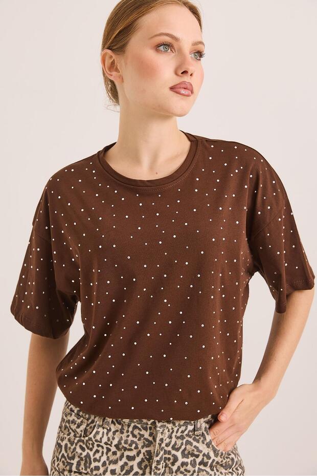 Stone Detailed Comfortable Fit Premium Cotton Tshirt Brown