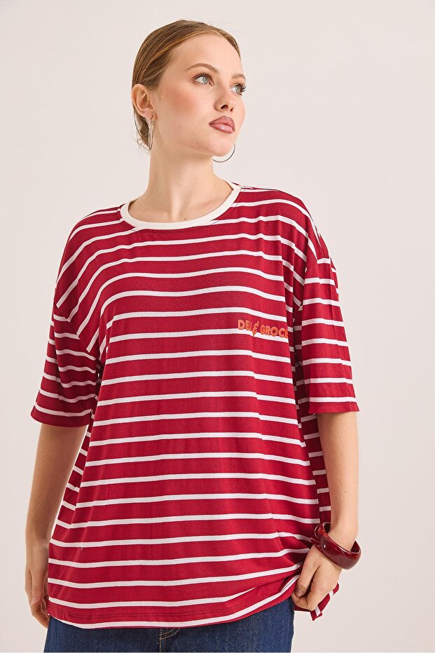 Cartoon up Printed Striped Casual Tshirt Red