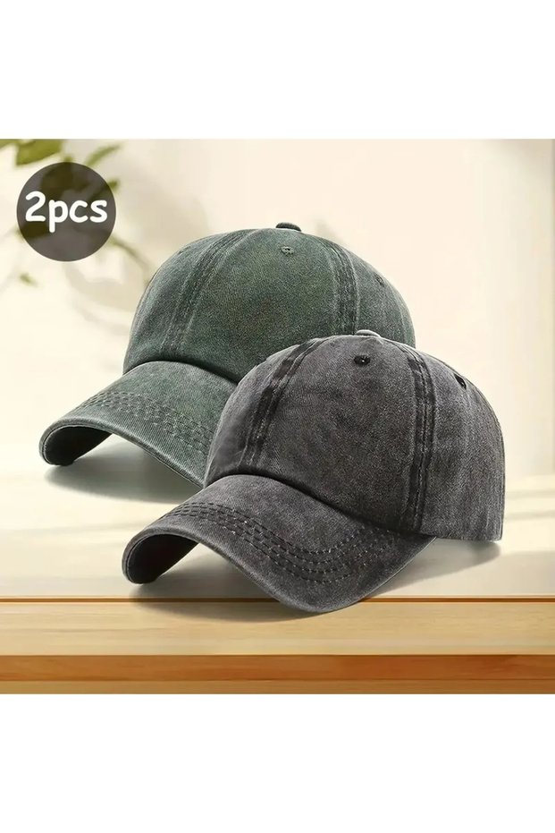 Unisex Washable Vintage Cap Sports Baseball Cap Adjustable Back 2 Pieces Black-Khaki