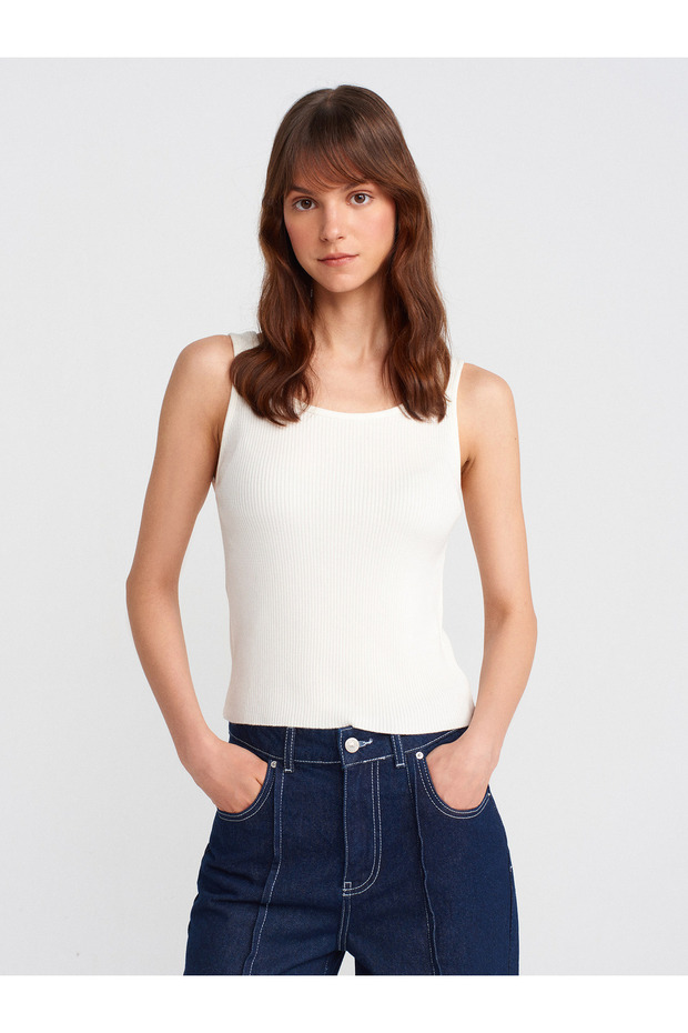 10748 Strappy Corded Fine Textured Knitwear Blouse-White