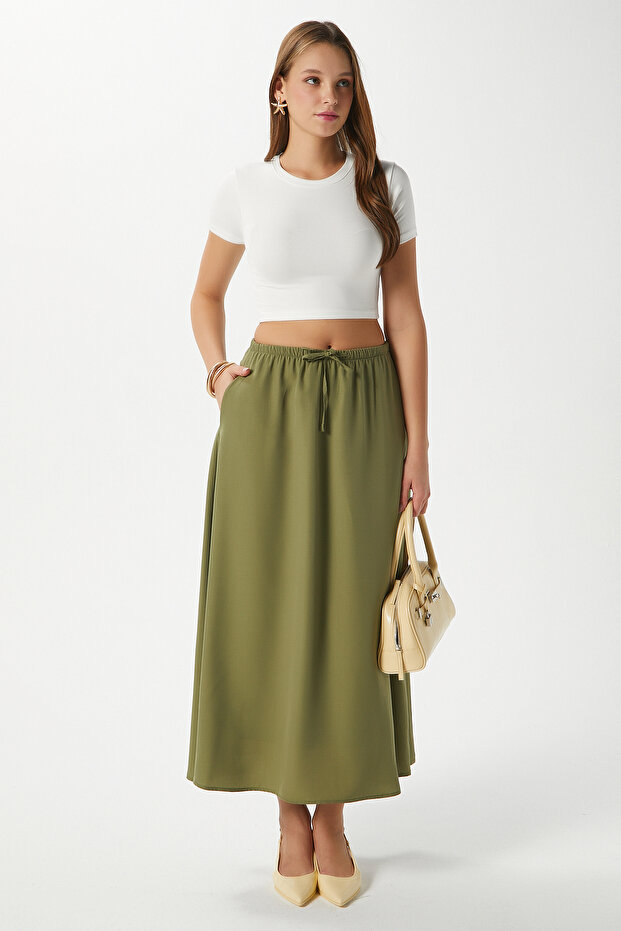 Women's Seaside Khaki Lined Elastic Waist Woven Long Skirt with Pockets