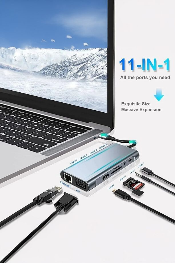 MacBook Pro Air iPad Pro Uyumlu Type-C Hub 4K HDMI VGA AUX SD TF Kart 4x USB RJ45 Ethernet Çoklayıcı - 4