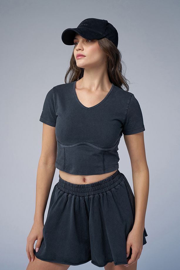 Kadın Antrasit Yıkamalı Washed Kloş Şort etek 3922 - 6