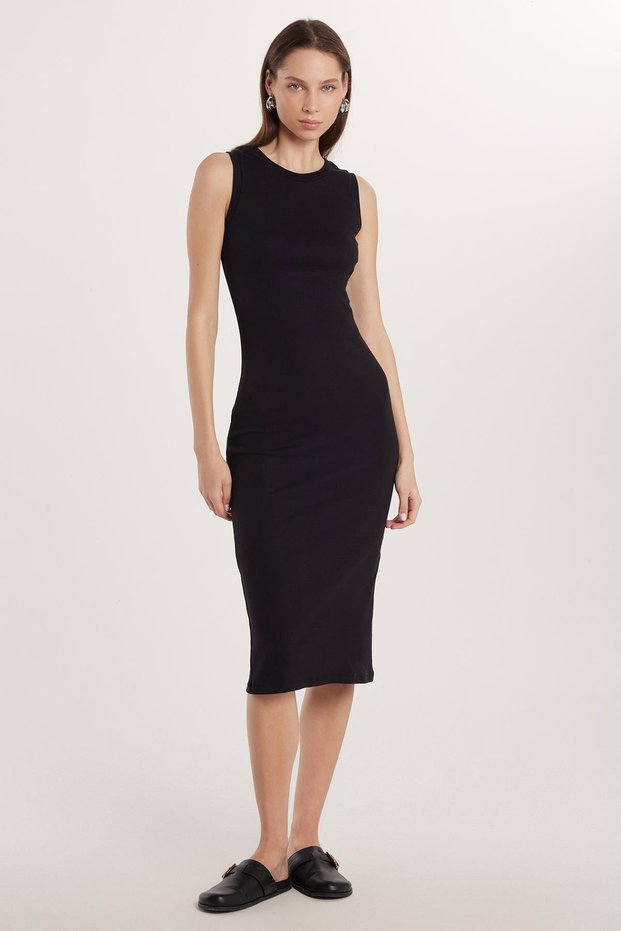 Women's Slim Fit Slim Fit Modal Crew Neck Zero Sleeve Maxi Black Dress