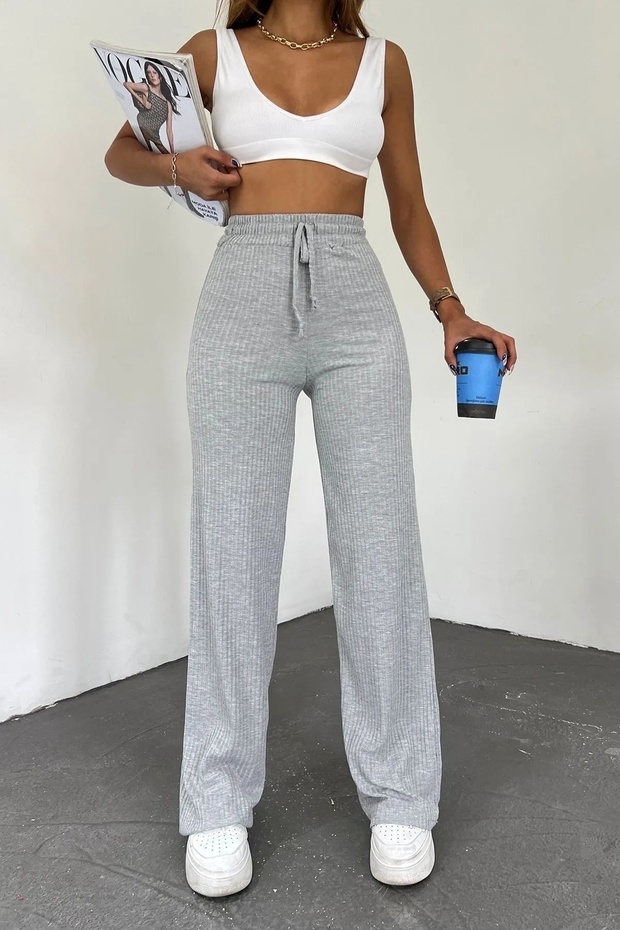 Gray Women's Palazzo Ribbed Wide Leg Camisole Sweatpants
