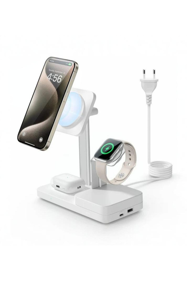 65W MagSafe 5 in 1 Şarj Standı HaloLock iPhone + Airpods + Apple Watch + Type-C + USB-A - Beyaz - 3