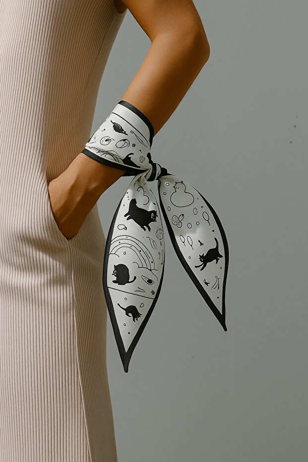 Cat Pattern Satin Scarf - 6