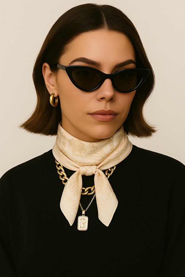 Eșarfă din satin cu model de stridii - 5