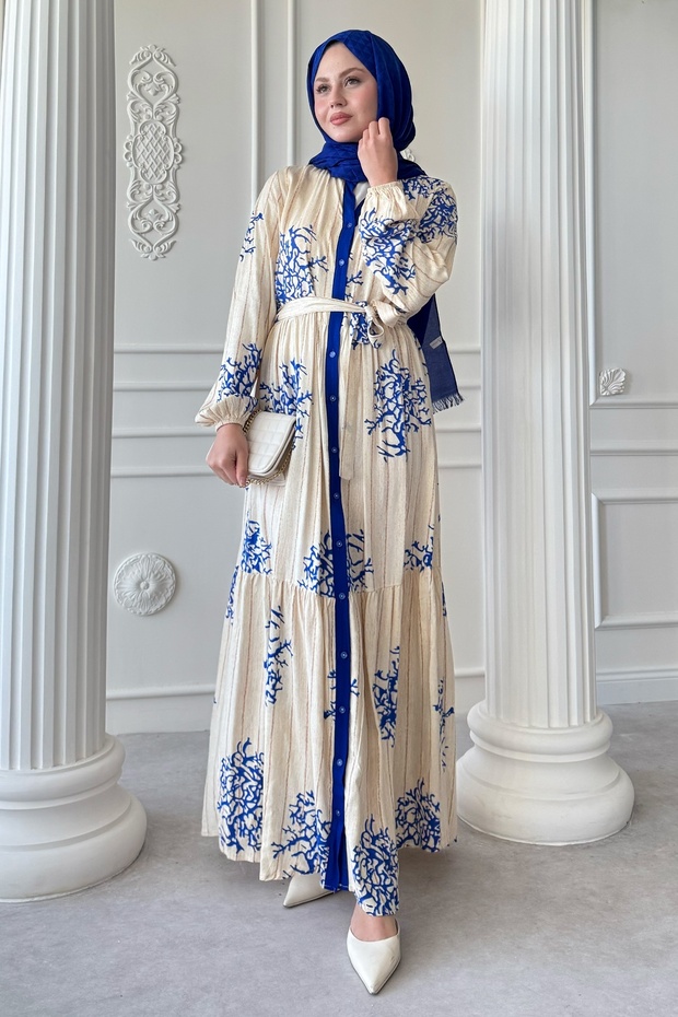 Colorful Boydan Piping Detail Navy Blue Viscose Dress
