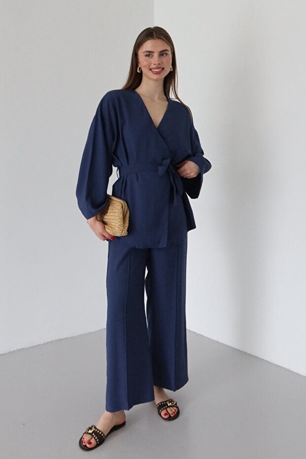 Navy Blue Tied Kimono Set - 8685