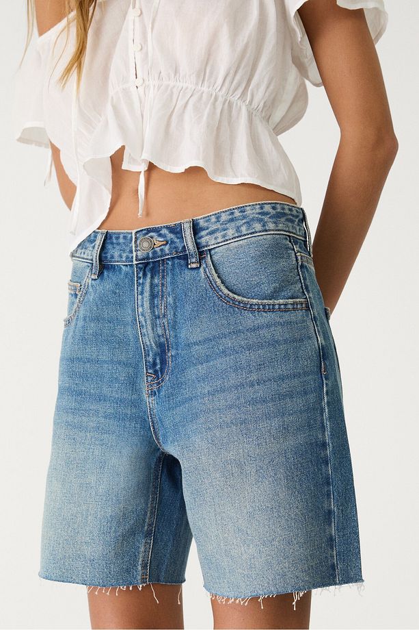 Düşük Bel Denim Bermuda Şort - 4