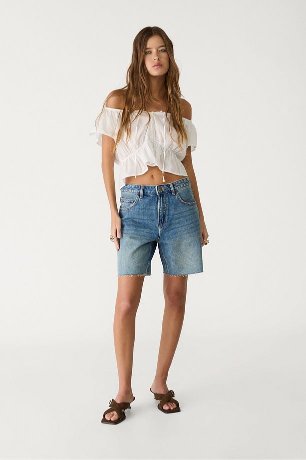 Düşük Bel Denim Bermuda Şort - 1