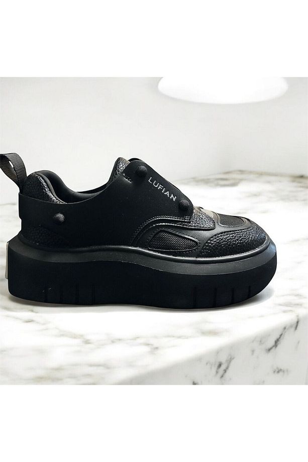Hakiki Deri Kalın Taban Bağcıklı Günlük Sneaker Ayakkabı Siyah - 1
