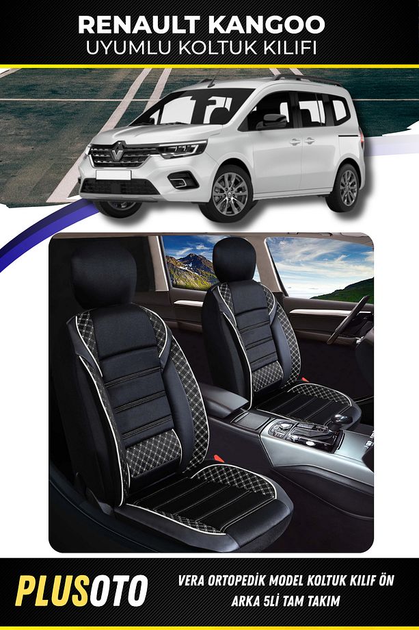 Renault Kangoo Uyumlu Vera Serisi Siyah Beyaz Oto Koltuk Kılıfı 5li Takım Set M-796 - 1