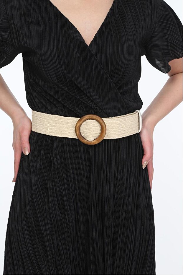 Patchouli Women's Wooden Buckle Elastic Raffia Weave Belt K-Ss20024