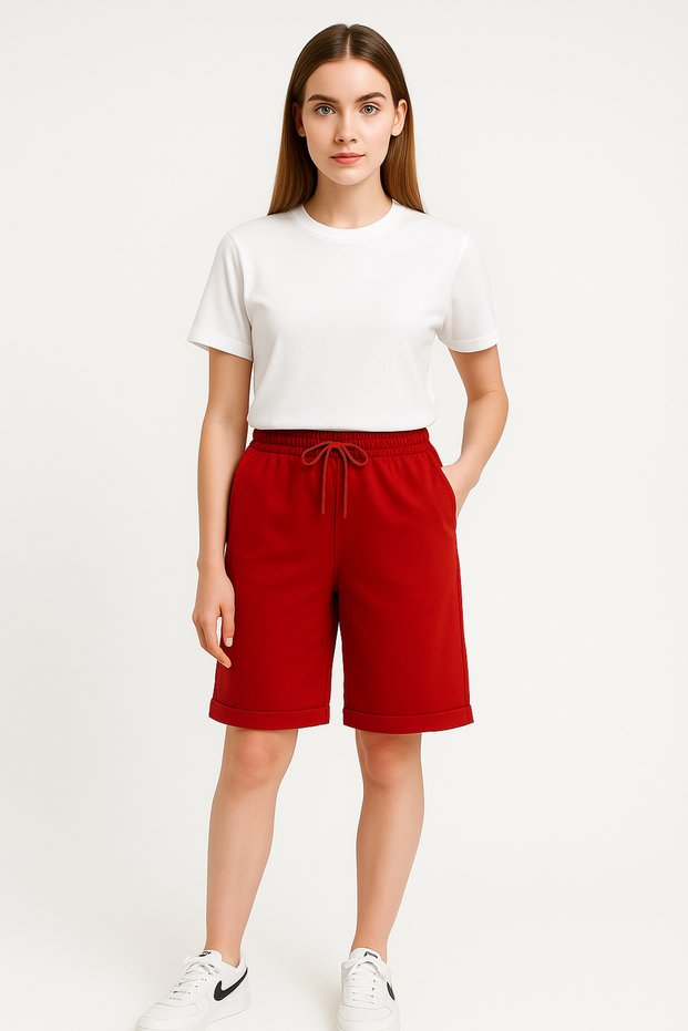 Relax Return Combed Cotton Folded Leg Full Lycra Oversize Bermuda Women's Shorts Red