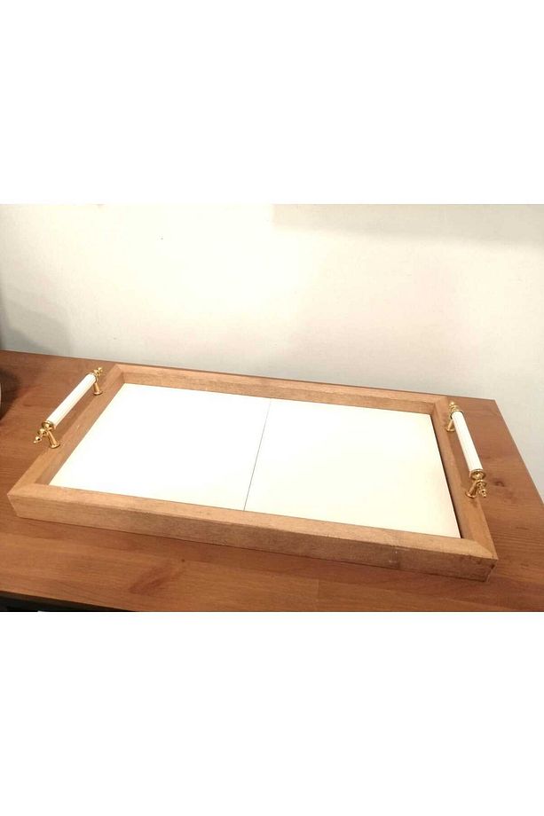 İçi 20x20cm 2 Adet Kare Ham Çini Bisküvisi ve  Ahşap Tepsi - 5