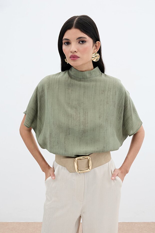 بلوزة فضفاضة منقوشة - كاكي - 2