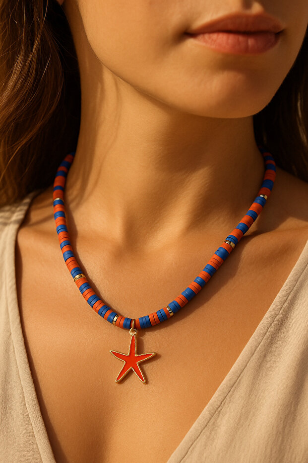 Starfish Detailed Necklace | Colorful Fimo Beaded Trend Accessory