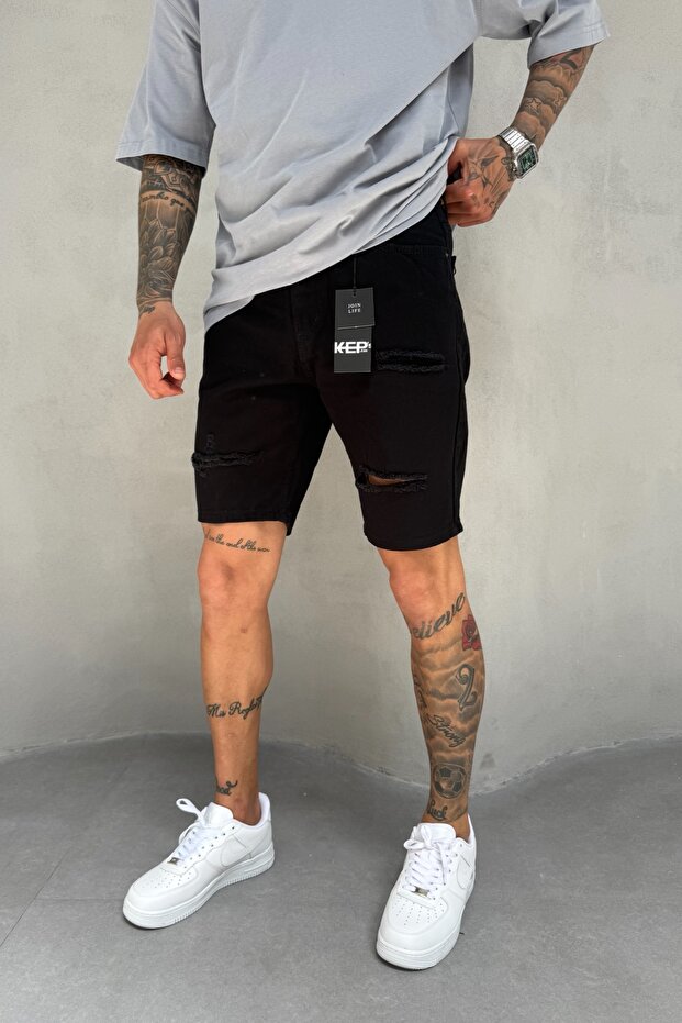 Black Denim Fabric Ripped Detailed Men's Jean Jeans Shorts Ke-462