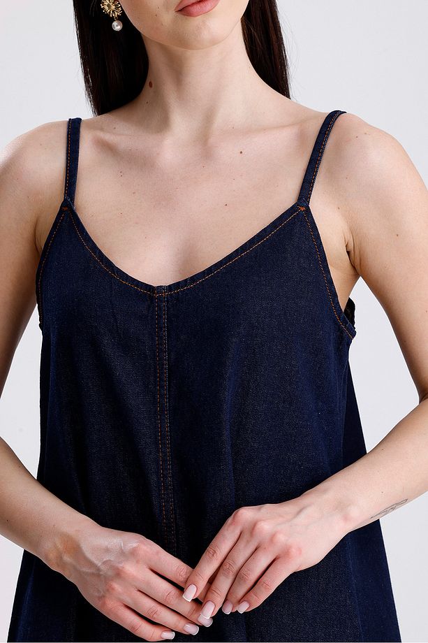 İp Askılı Uzun Denim Kot Elbise - 7