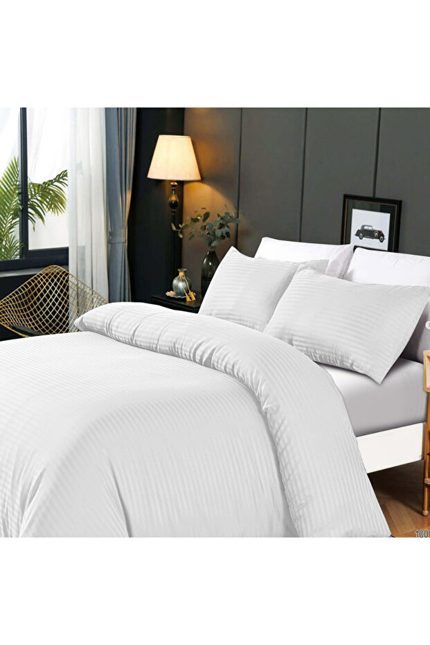 3-Piece Duvet Cover Set, 100% Cotton Stripe Sateen Fabric, White