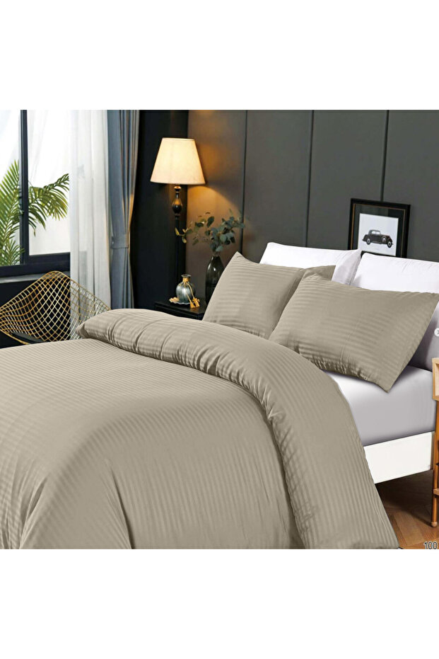 3-Piece Duvet Cover Set, 100% Cotton Stripe Sateen Fabric, Stone
