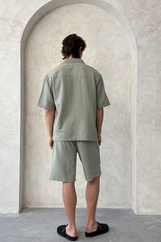 Erkek Oversize Keten Gömlek Şort Takım - 6