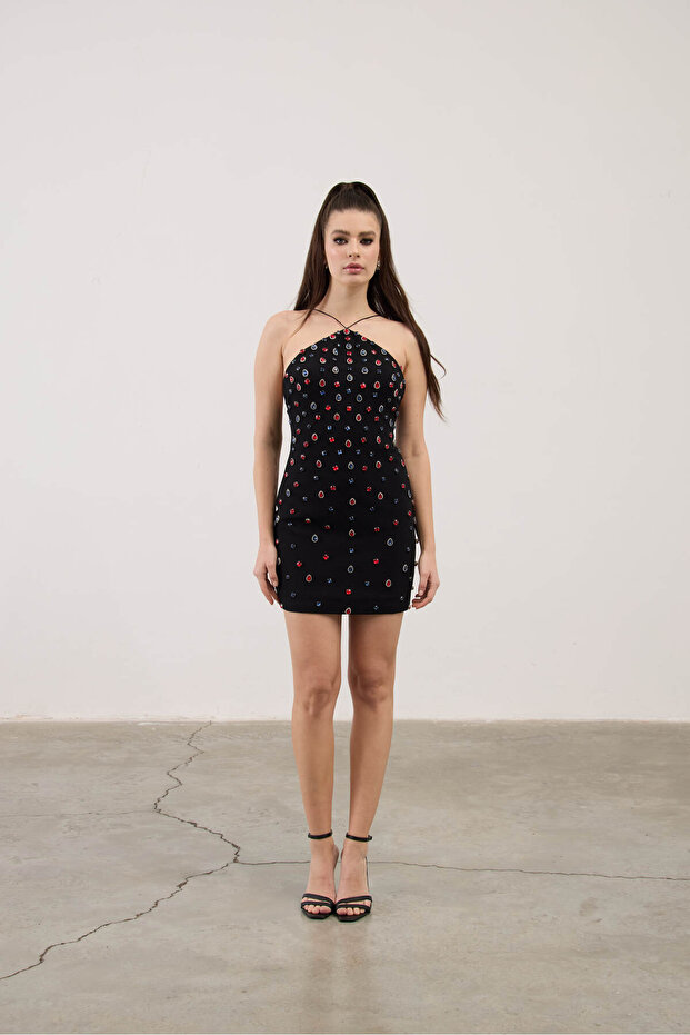 Kırmızı Mavi Taşlı Mini Elbise - 1